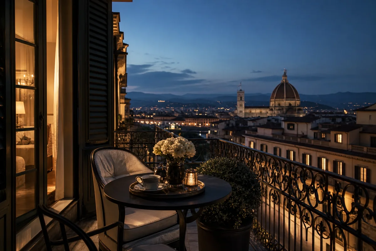 Balcón de hotel boutique con vistas a una ciudad europea de noche
