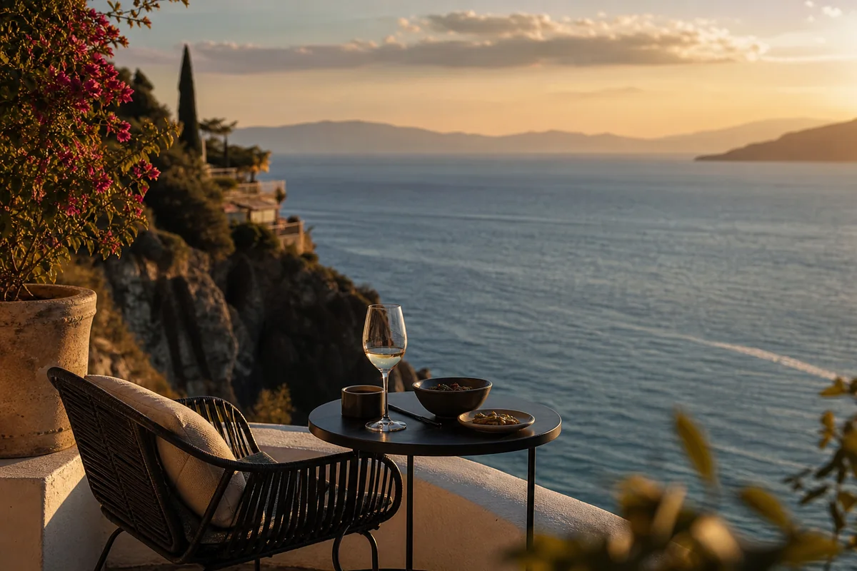 Terraza con vistas a la costa mediterránea al atardecer