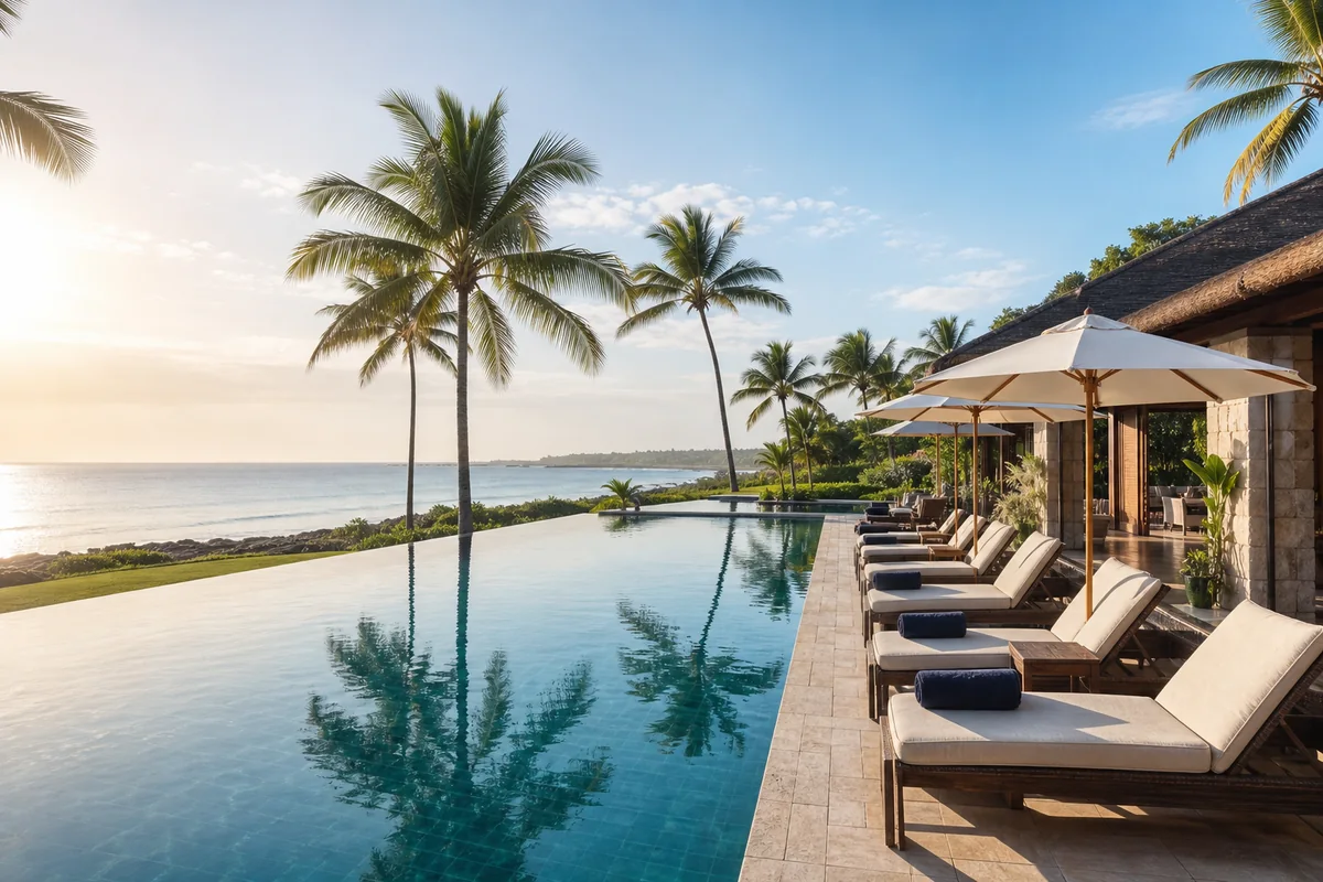 Resort tropical con piscina y palmeras frente al mar