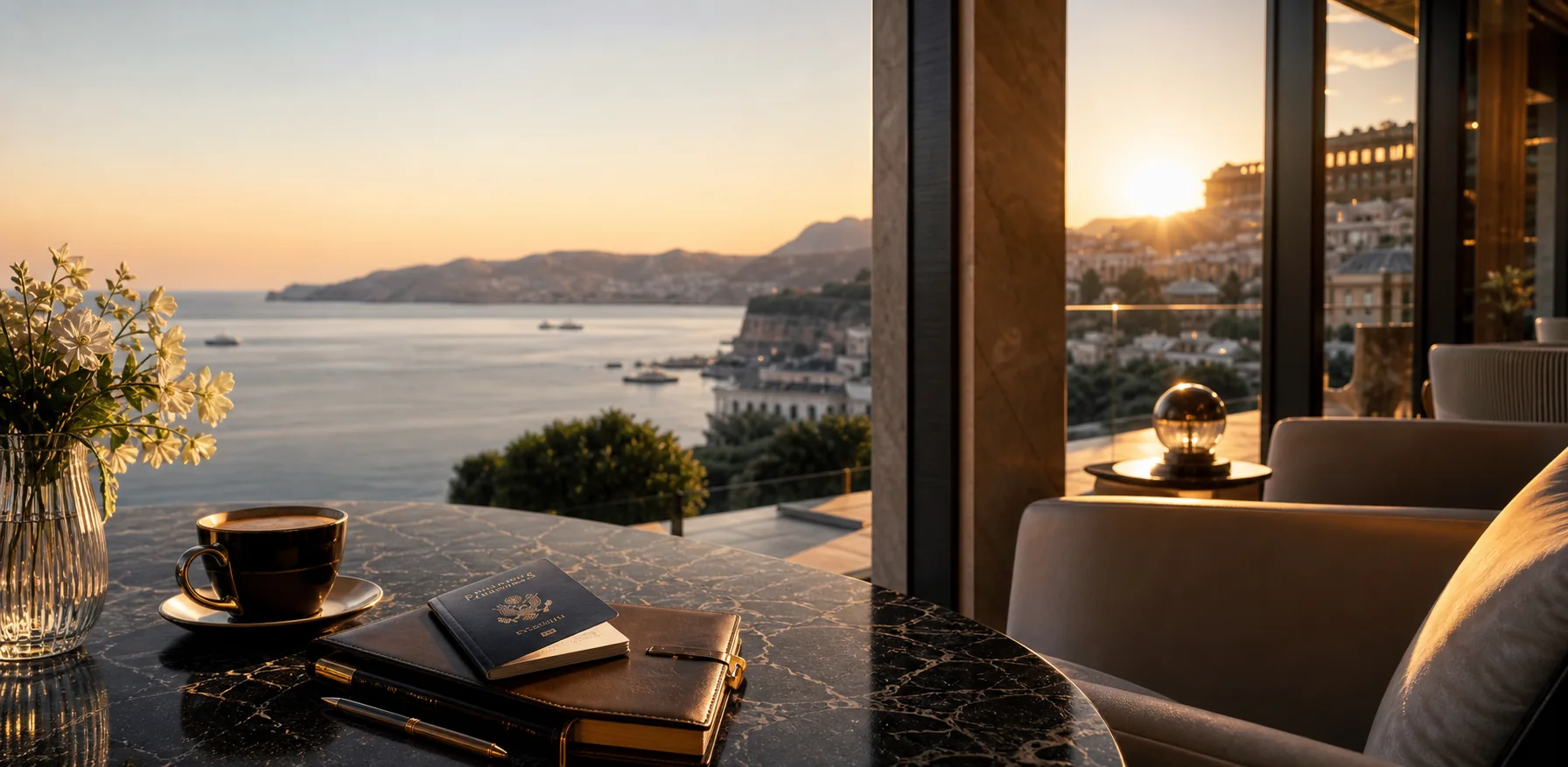 Escena elegante de viaje con pasaporte, café y vistas al mar